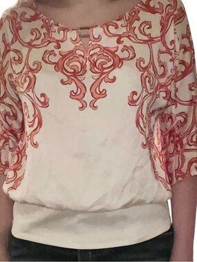 White House Black Market Cream Blouse with Coral Scroll Print